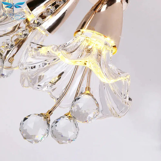 Floral Crystal Chandelier Lighting Traditionary 8 Bulbs Gold Pendant Light Fixture With Curved Arm
