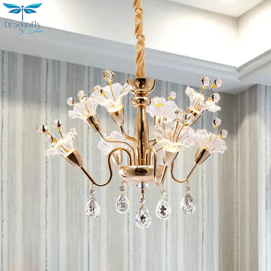 Floral Crystal Chandelier Lighting Traditionary 8 Bulbs Gold Pendant Light Fixture With Curved Arm