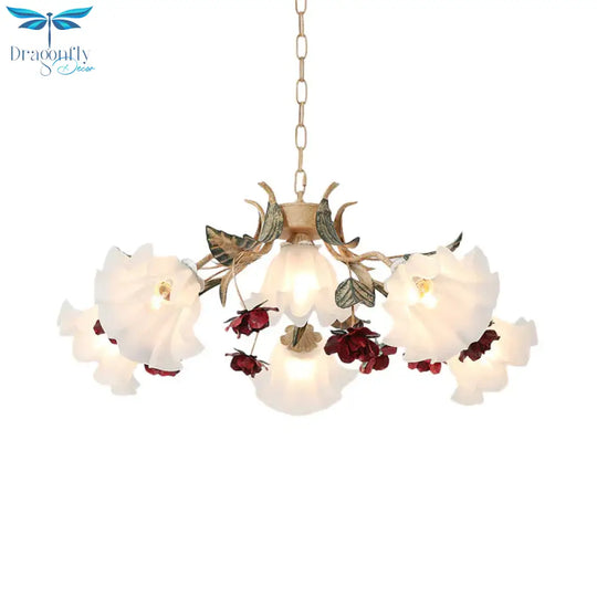 Floral Hallway Ceiling Chandelier American Garden Frosted Glass 4/6 - Head Red Pendant Lamp