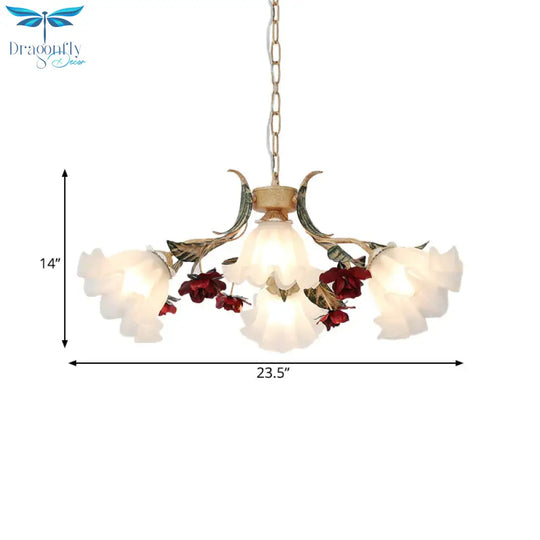 Floral Hallway Ceiling Chandelier American Garden Frosted Glass 4/6 - Head Red Pendant Lamp