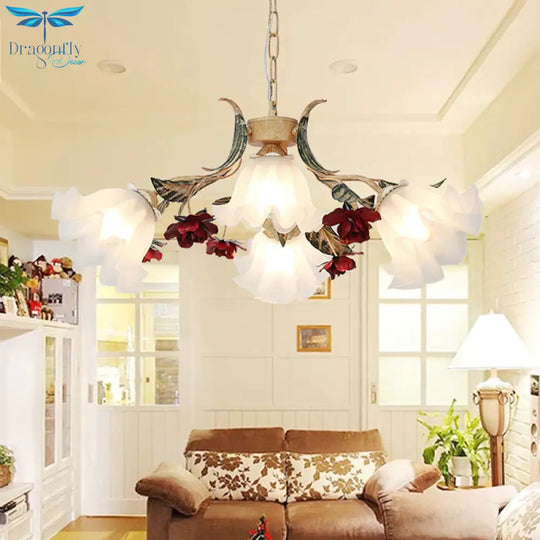 Floral Hallway Ceiling Chandelier American Garden Frosted Glass 4/6 - Head Red Pendant Lamp