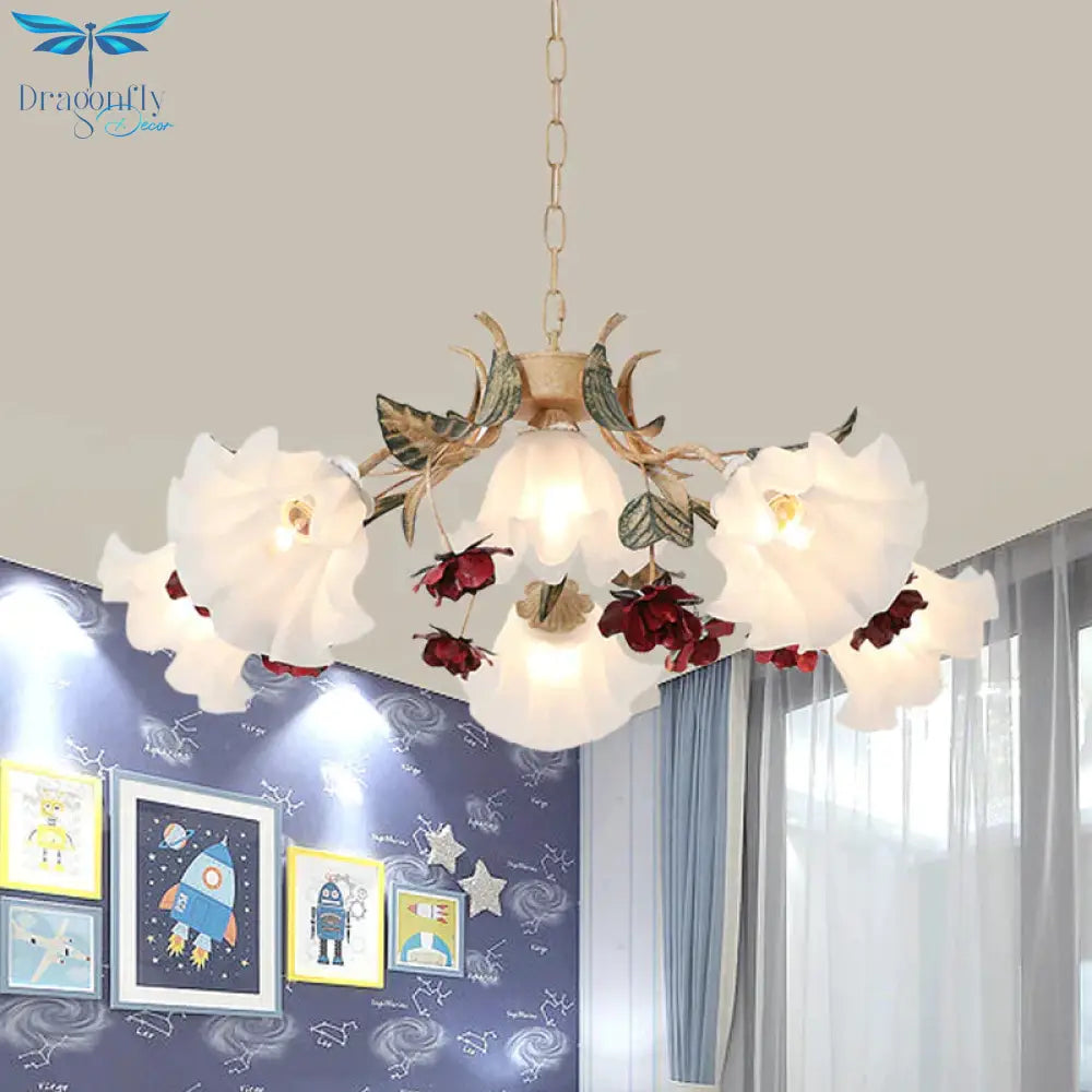 Floral Hallway Ceiling Chandelier American Garden Frosted Glass 4/6 - Head Red Pendant Lamp