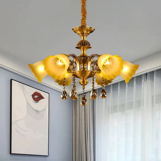 Floral Shade Hanging Chandelier European 6 Bulbs Glass Pendant Light In Brass