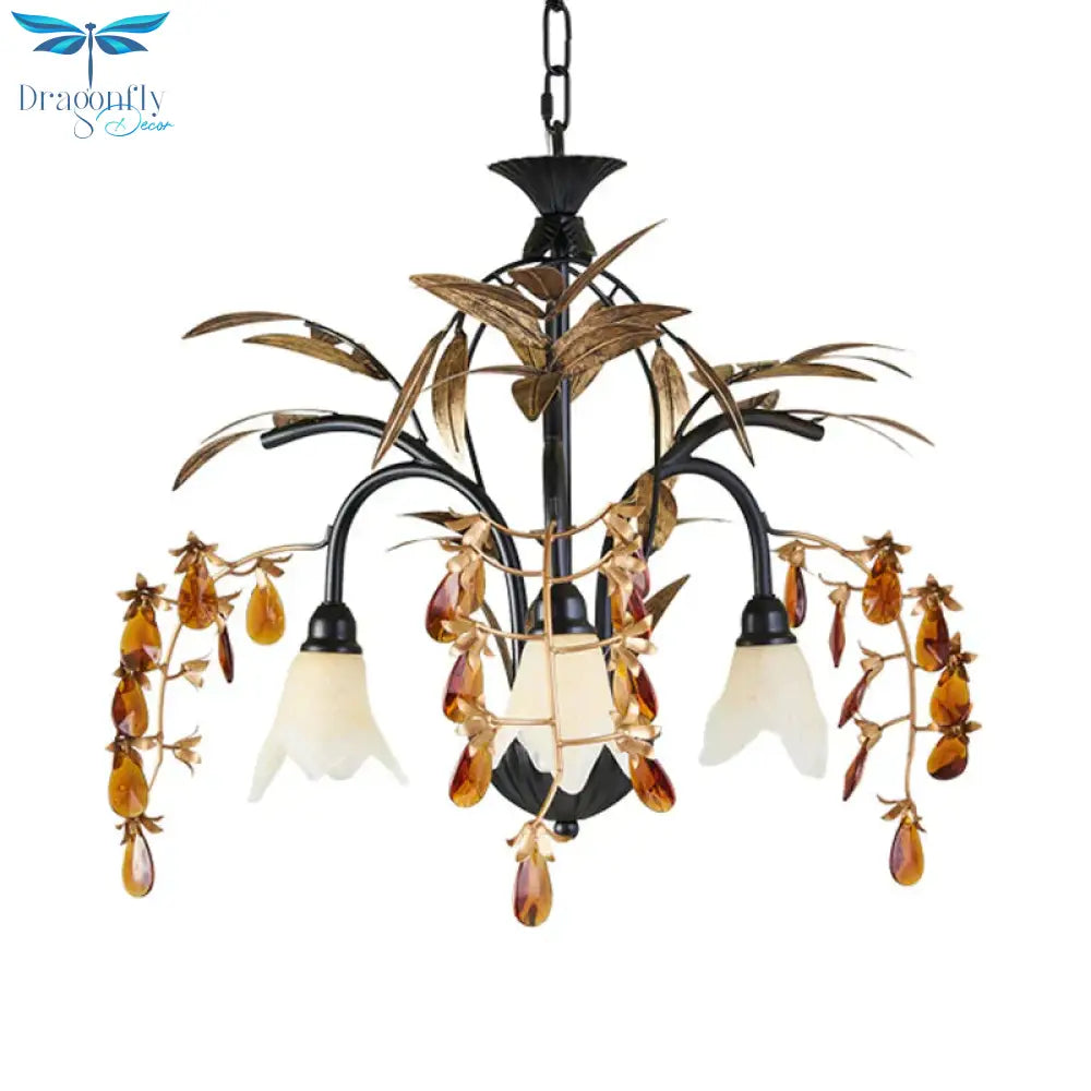 Floral Shape White Glass Chandelier Light Rustic 3 Lights Dining Room Hanging With Black/White Arm