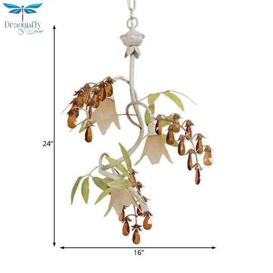 Floral Shape White Glass Chandelier Light Rustic 3 Lights Dining Room Hanging With Black/White Arm