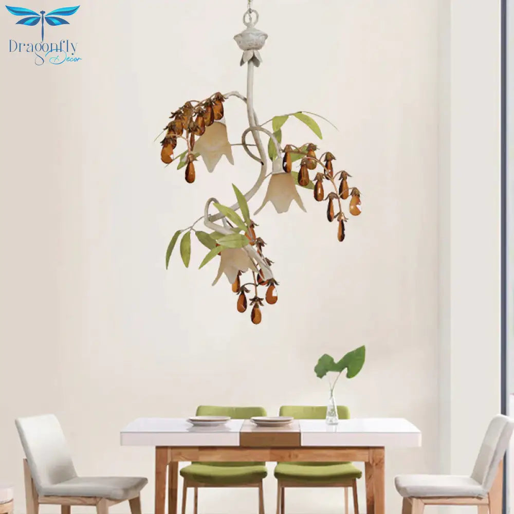 Floral Shape White Glass Chandelier Light Rustic 3 Lights Dining Room Hanging With Black/White Arm