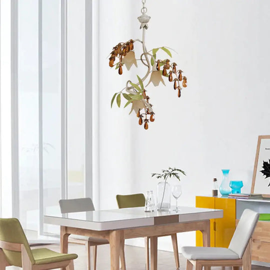 Floral Shape White Glass Chandelier Light Rustic 3 Lights Dining Room Hanging With Black/White Arm