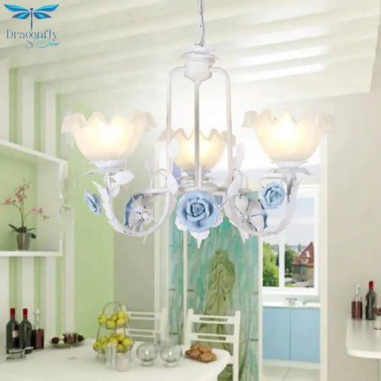 Floral White Glass Pendant Chandelier Pastoral Style 3/5 Bulbs Living Room Led Drop Lamp In Blue
