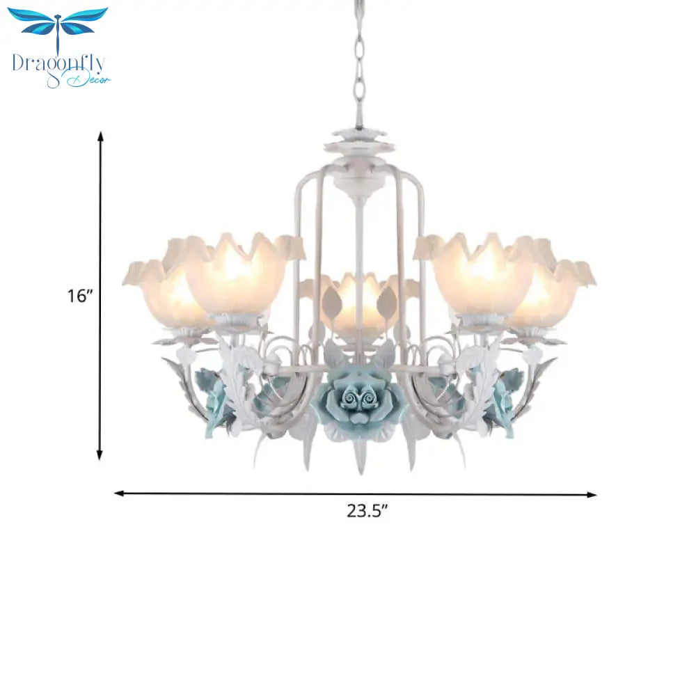 Floral White Glass Pendant Chandelier Pastoral Style 3/5 Bulbs Living Room Led Drop Lamp In Blue