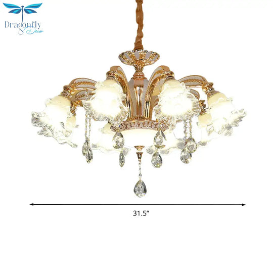 Flower Clear Glass Suspension Light Traditional 8 Heads Living Room Chandelier Lighting In Gold