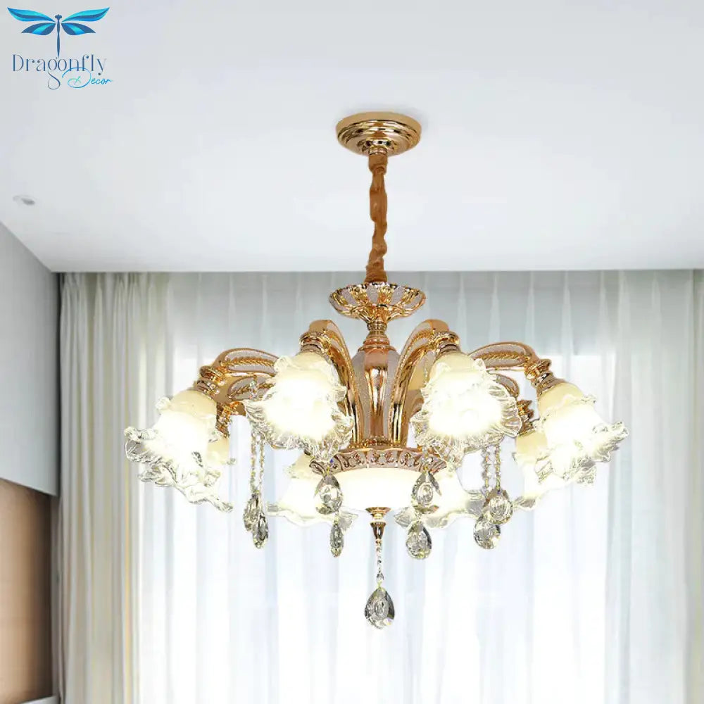 Flower Clear Glass Suspension Light Traditional 8 Heads Living Room Chandelier Lighting In Gold