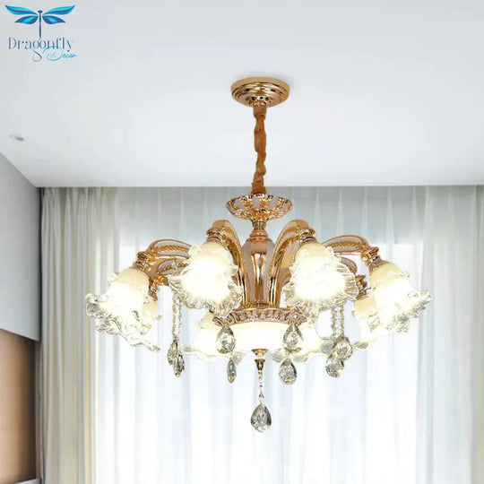 Flower Clear Glass Suspension Light Traditional 8 Heads Living Room Chandelier Lighting In Gold