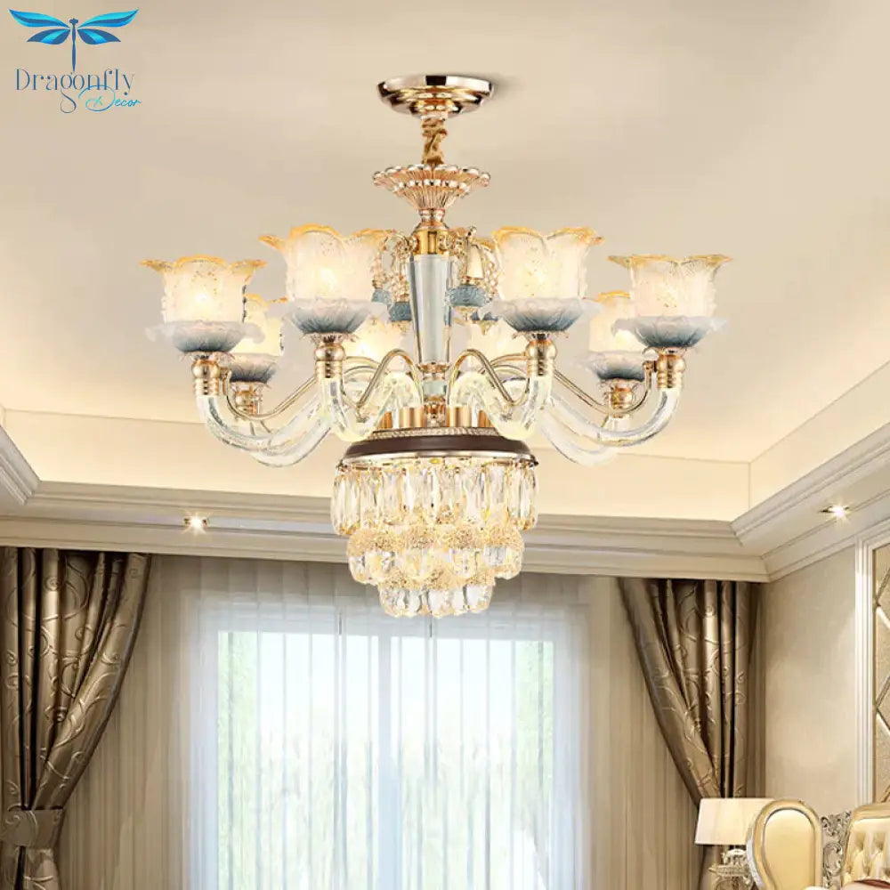 Flower Crystal Hanging Ceiling Light Traditional 8 - Bulb Living Room Chandelier Lamp In Gold