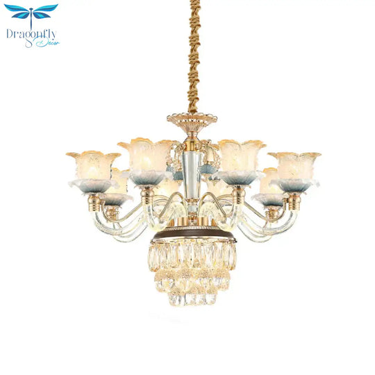Flower Crystal Hanging Ceiling Light Traditional 8 - Bulb Living Room Chandelier Lamp In Gold