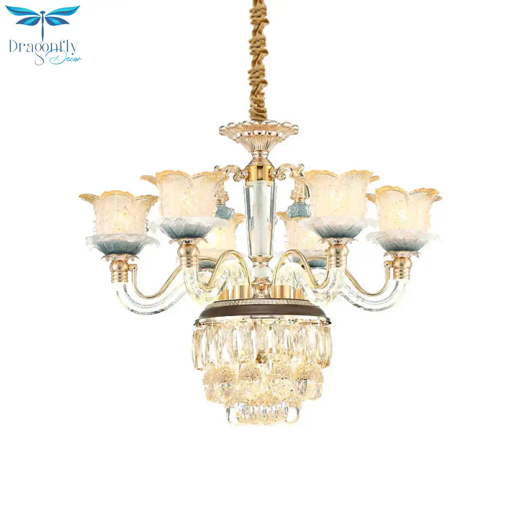 Flower Crystal Hanging Ceiling Light Traditional 8 - Bulb Living Room Chandelier Lamp In Gold