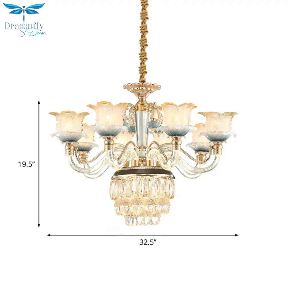 Flower Crystal Hanging Ceiling Light Traditional 8 - Bulb Living Room Chandelier Lamp In Gold
