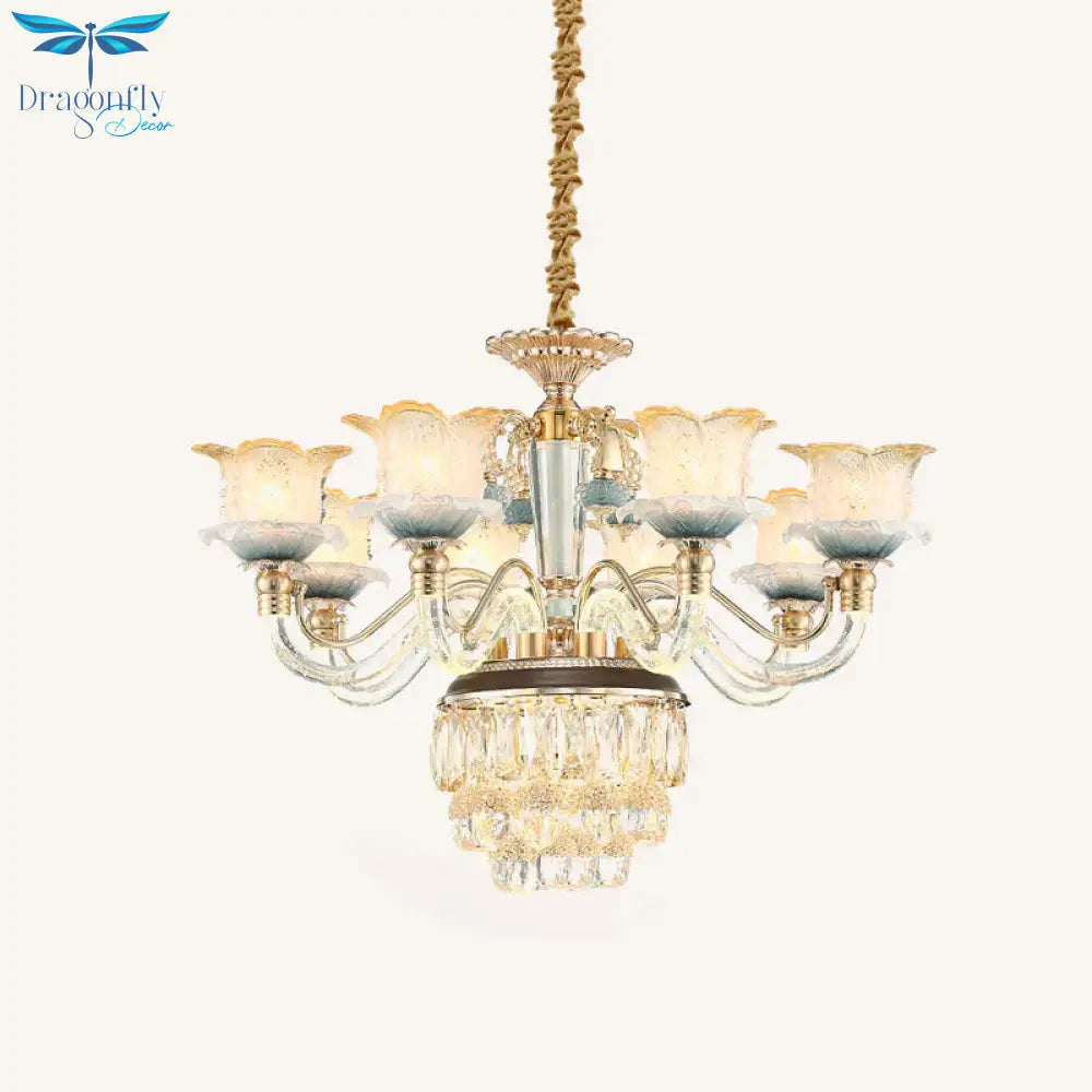 Flower Crystal Hanging Ceiling Light Traditional 8 - Bulb Living Room Chandelier Lamp In Gold