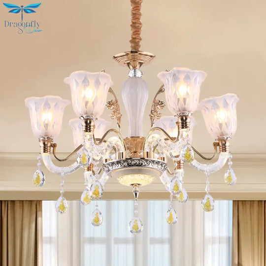 Flower Crystal Water Drops Hanging Light Kit Traditional 6 Bulbs Dinning Room Chandelier In Gold