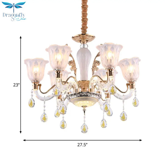 Flower Crystal Water Drops Hanging Light Kit Traditional 6 Bulbs Dinning Room Chandelier In Gold