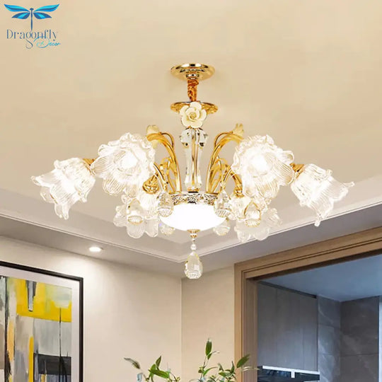 Flower Dining Room Chandelier Lamp Mid Century Clear Glass 3/6 - Bulb Gold Pendant With Crystal