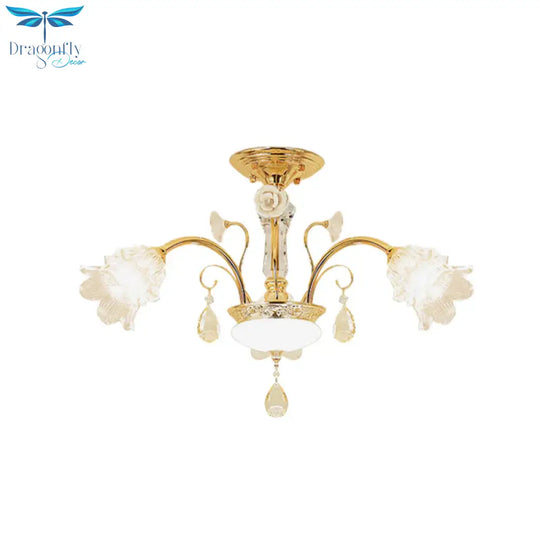 Flower Dining Room Chandelier Lamp Mid Century Clear Glass 3/6 - Bulb Gold Pendant With Crystal