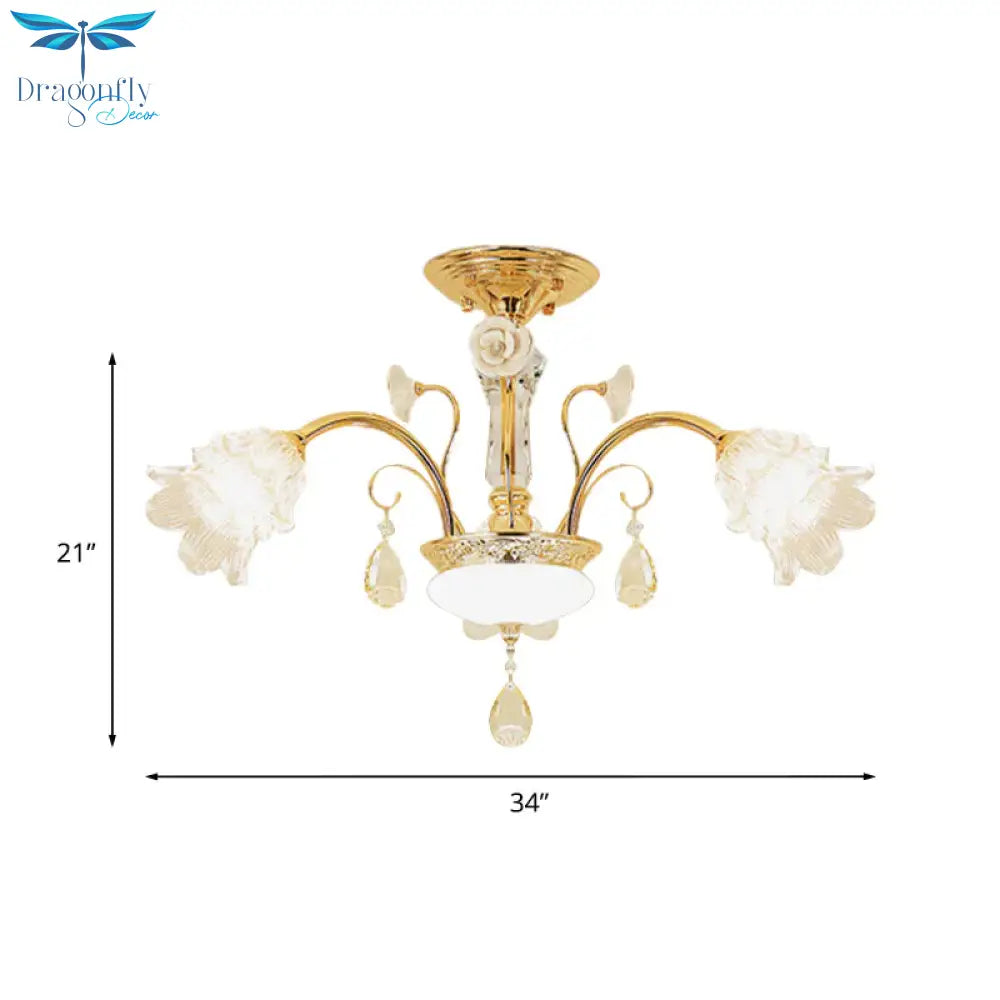 Flower Dining Room Chandelier Lamp Mid Century Clear Glass 3/6 - Bulb Gold Pendant With Crystal