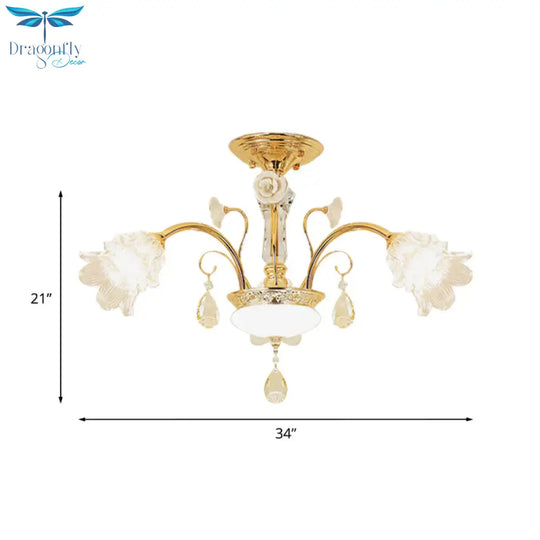 Flower Dining Room Chandelier Lamp Mid Century Clear Glass 3/6 - Bulb Gold Pendant With Crystal