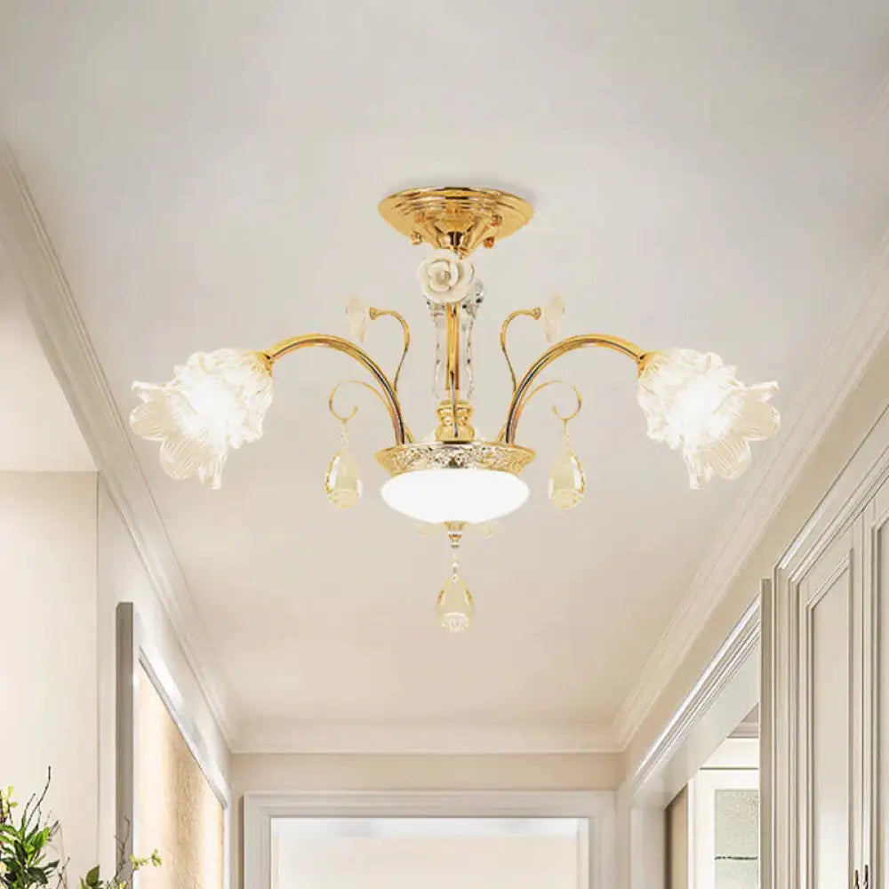 Flower Dining Room Chandelier Lamp Mid Century Clear Glass 3/6 - Bulb Gold Pendant With Crystal