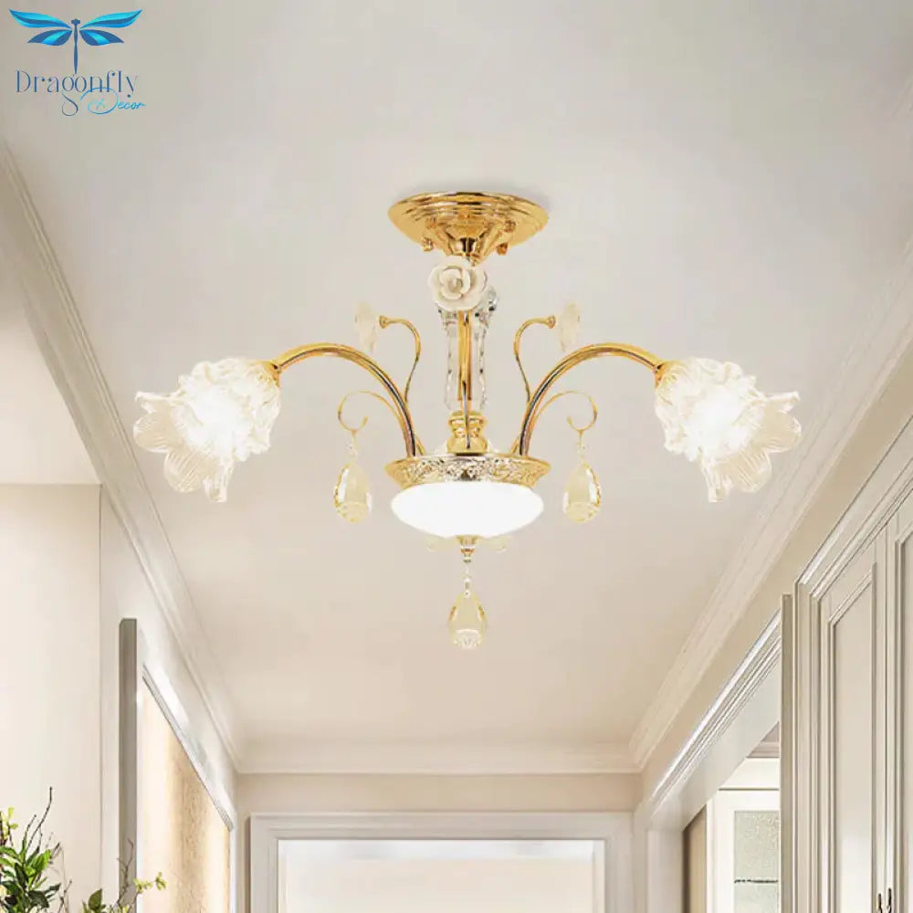 Flower Dining Room Chandelier Lamp Mid Century Clear Glass 3/6 - Bulb Gold Pendant With Crystal