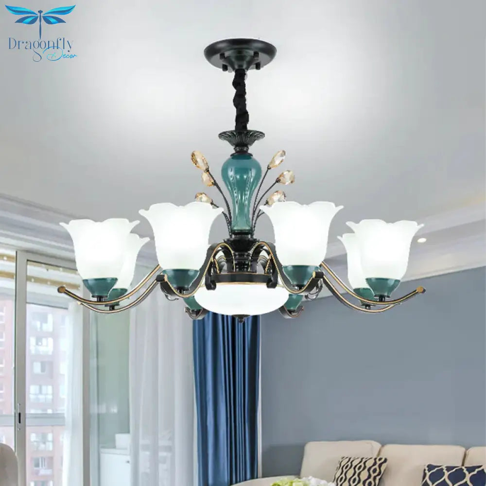 Flower Shade Suspension Lamp Countryside 3/6/8 - Head Milky Glass Pendant Chandelier In Green