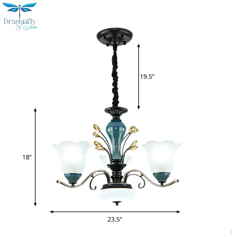 Flower Shade Suspension Lamp Countryside 3/6/8 - Head Milky Glass Pendant Chandelier In Green