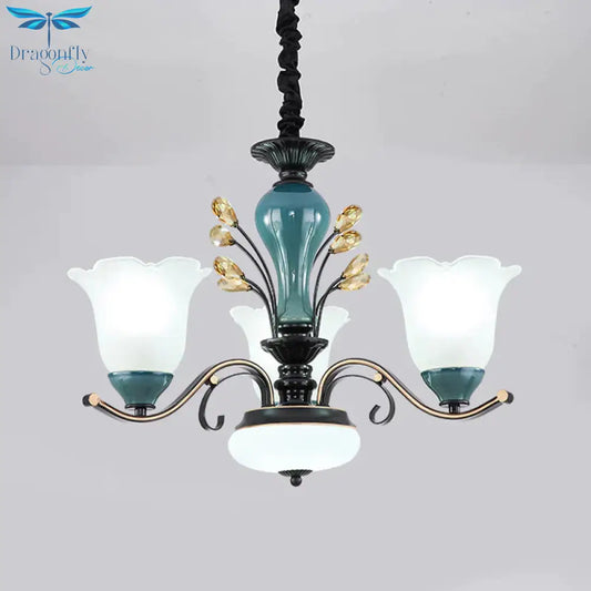 Flower Shade Suspension Lamp Countryside 3/6/8 - Head Milky Glass Pendant Chandelier In Green