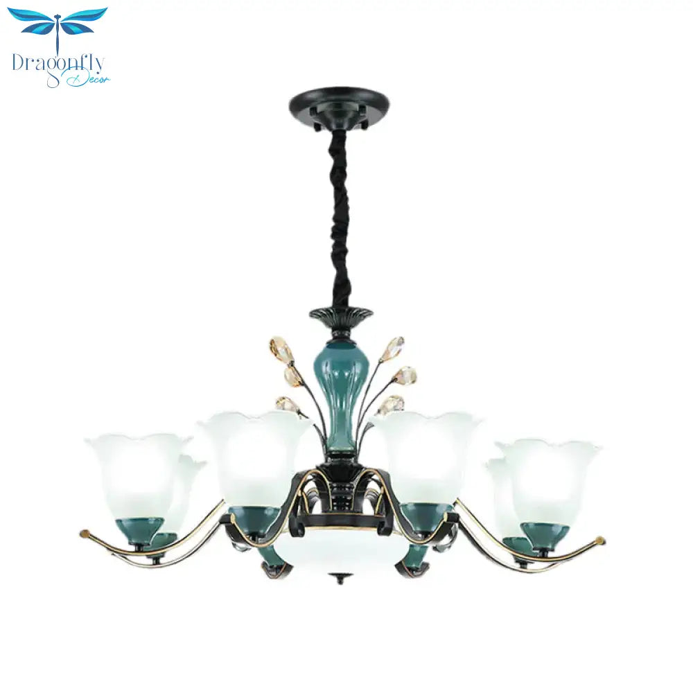 Flower Shade Suspension Lamp Countryside 3/6/8 - Head Milky Glass Pendant Chandelier In Green