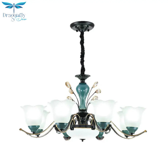 Flower Shade Suspension Lamp Countryside 3/6/8 - Head Milky Glass Pendant Chandelier In Green