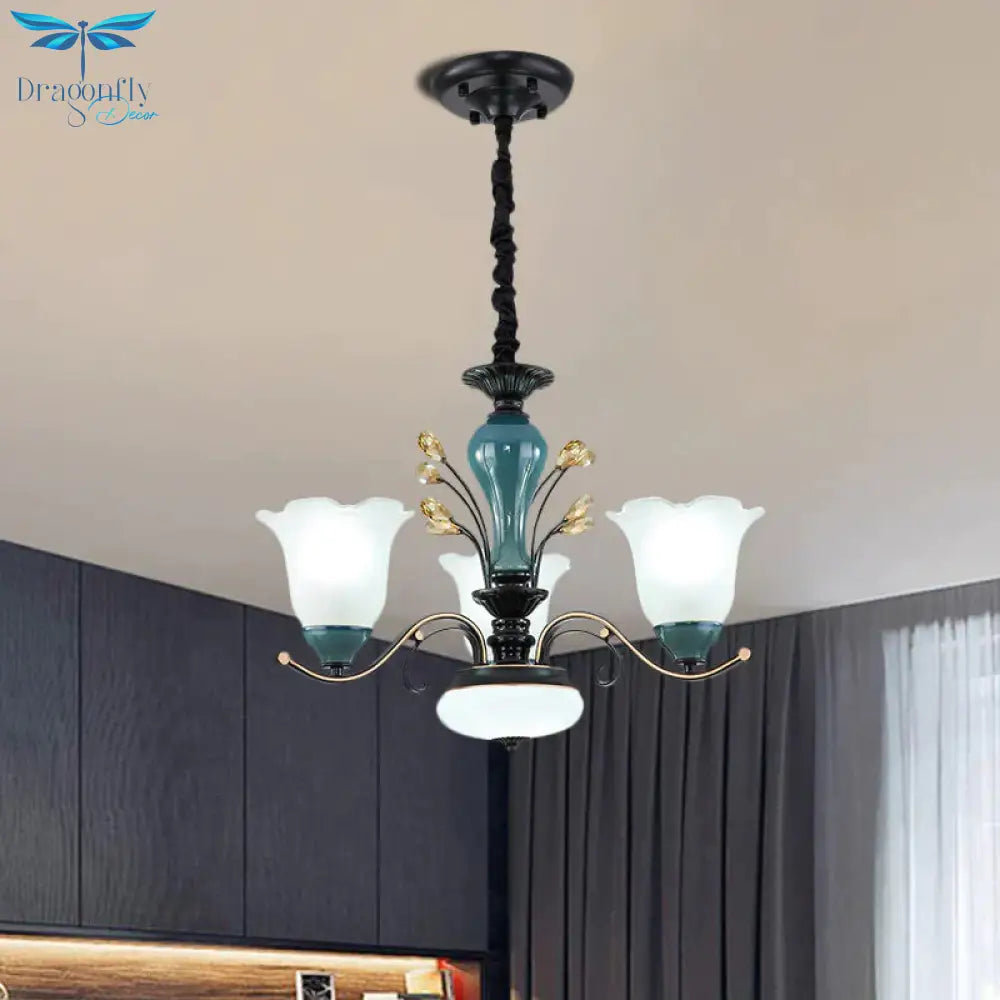 Flower Shade Suspension Lamp Countryside 3/6/8 - Head Milky Glass Pendant Chandelier In Green
