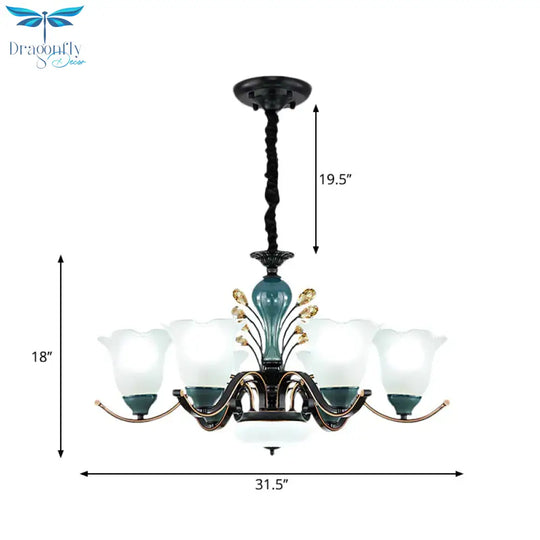 Flower Shade Suspension Lamp Countryside 3/6/8 - Head Milky Glass Pendant Chandelier In Green