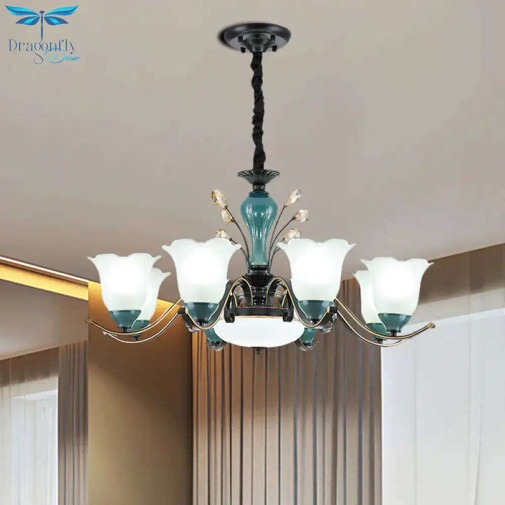 Flower Shade Suspension Lamp Countryside 3/6/8 - Head Milky Glass Pendant Chandelier In Green
