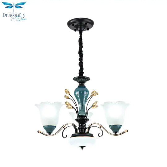 Flower Shade Suspension Lamp Countryside 3/6/8 - Head Milky Glass Pendant Chandelier In Green