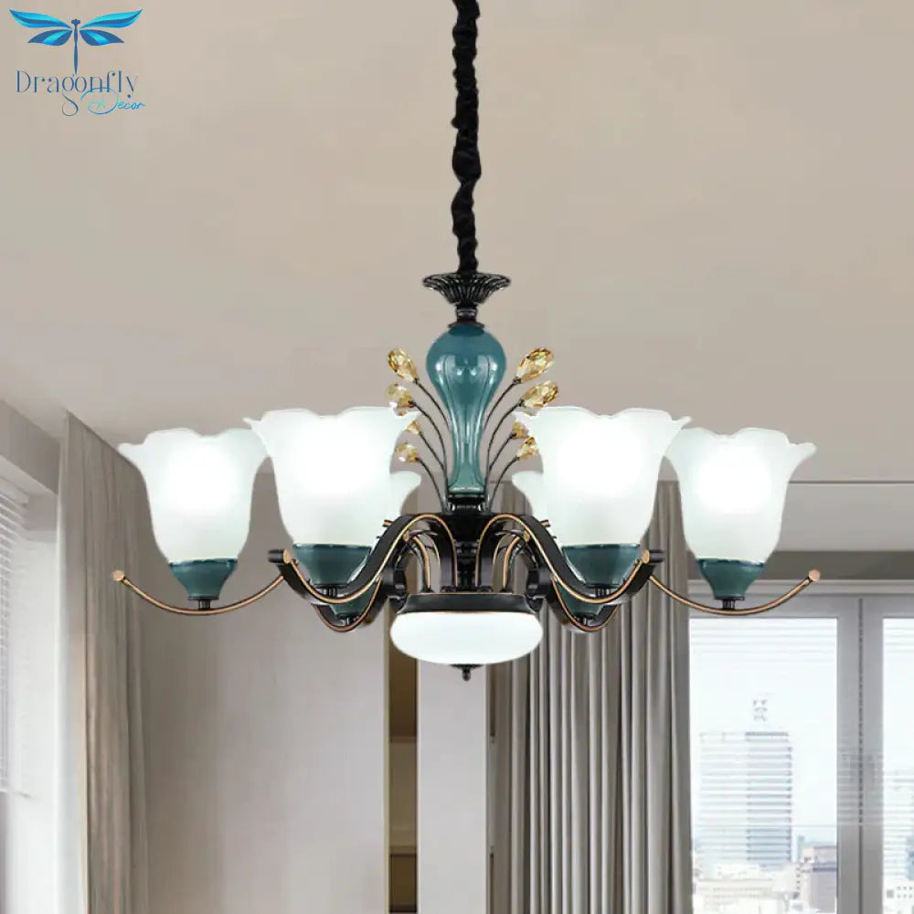 Flower Shade Suspension Lamp Countryside 3/6/8 - Head Milky Glass Pendant Chandelier In Green