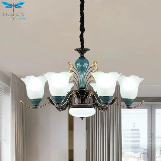 Flower Shade Suspension Lamp Countryside 3/6/8 - Head Milky Glass Pendant Chandelier In Green