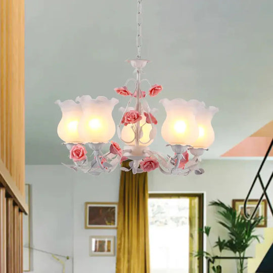 Flower White Glass Chandelier Light Pastoral 5 Bulbs Dining Room Pendant Lighting Fixture In Pink