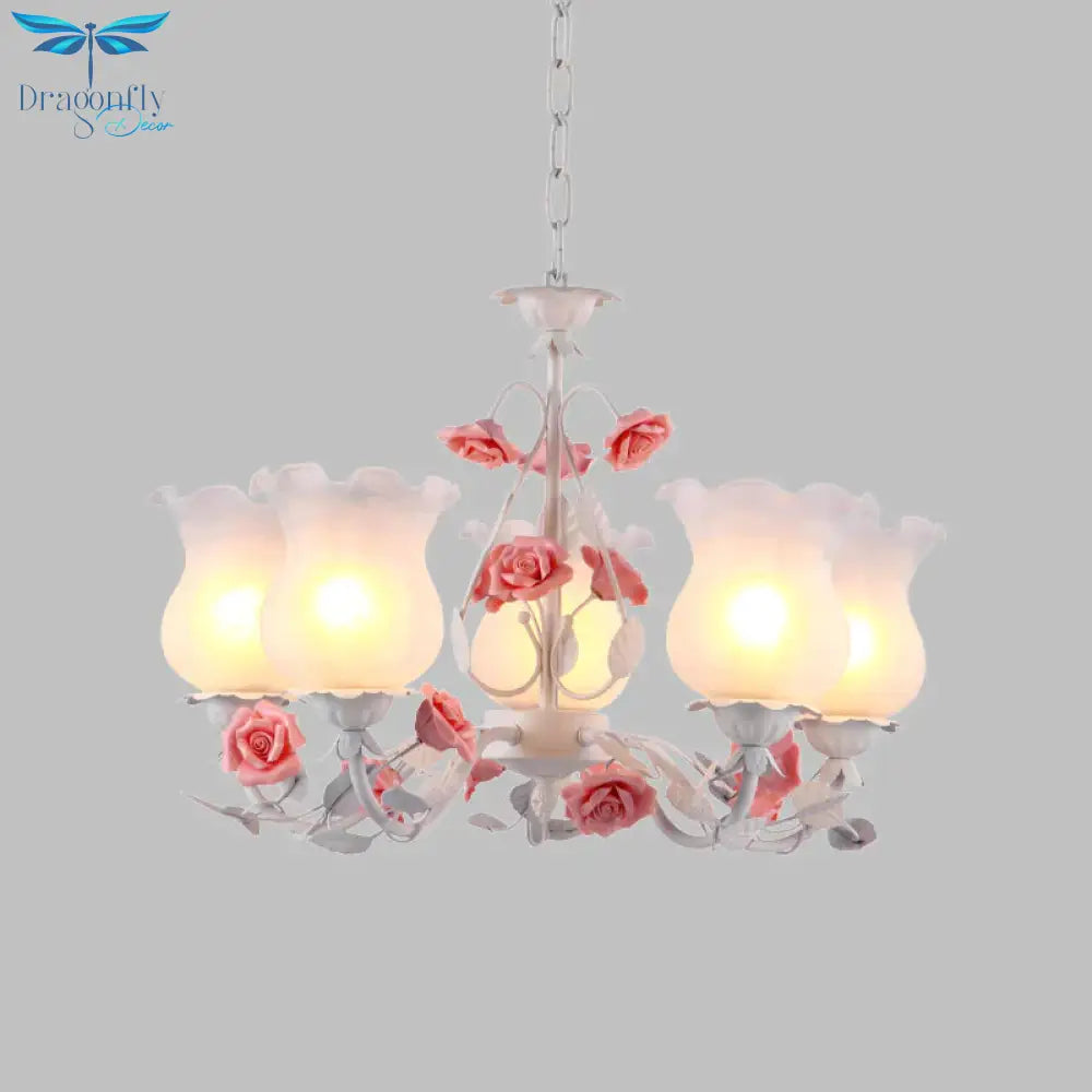 Flower White Glass Chandelier Light Pastoral 5 Bulbs Dining Room Pendant Lighting Fixture In Pink