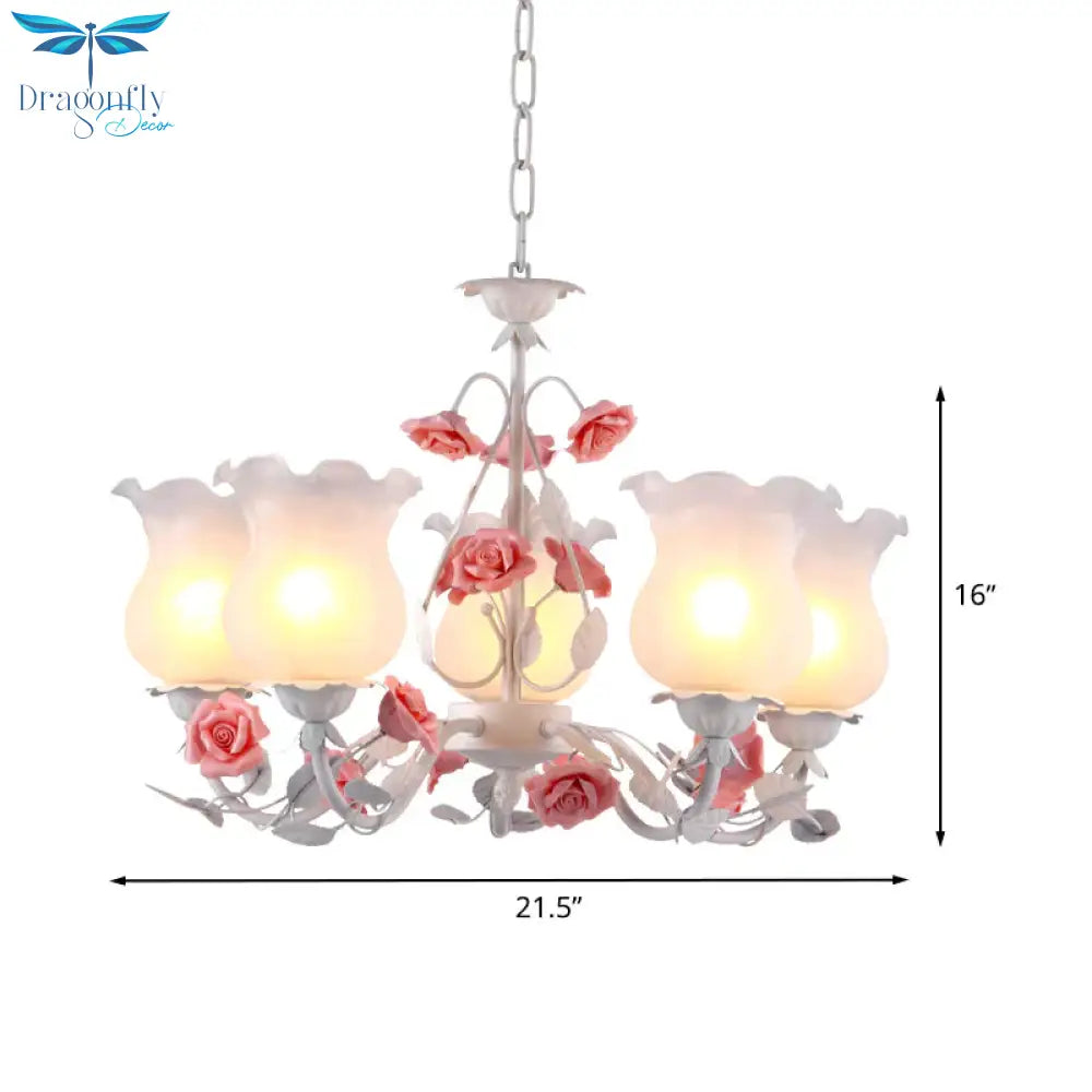 Flower White Glass Chandelier Light Pastoral 5 Bulbs Dining Room Pendant Lighting Fixture In Pink