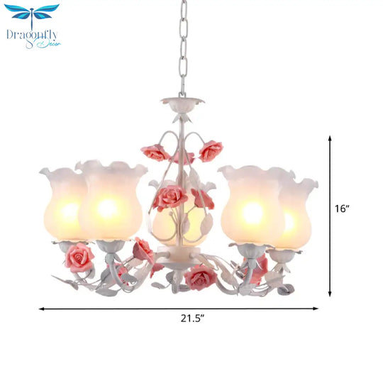 Flower White Glass Chandelier Light Pastoral 5 Bulbs Dining Room Pendant Lighting Fixture In Pink