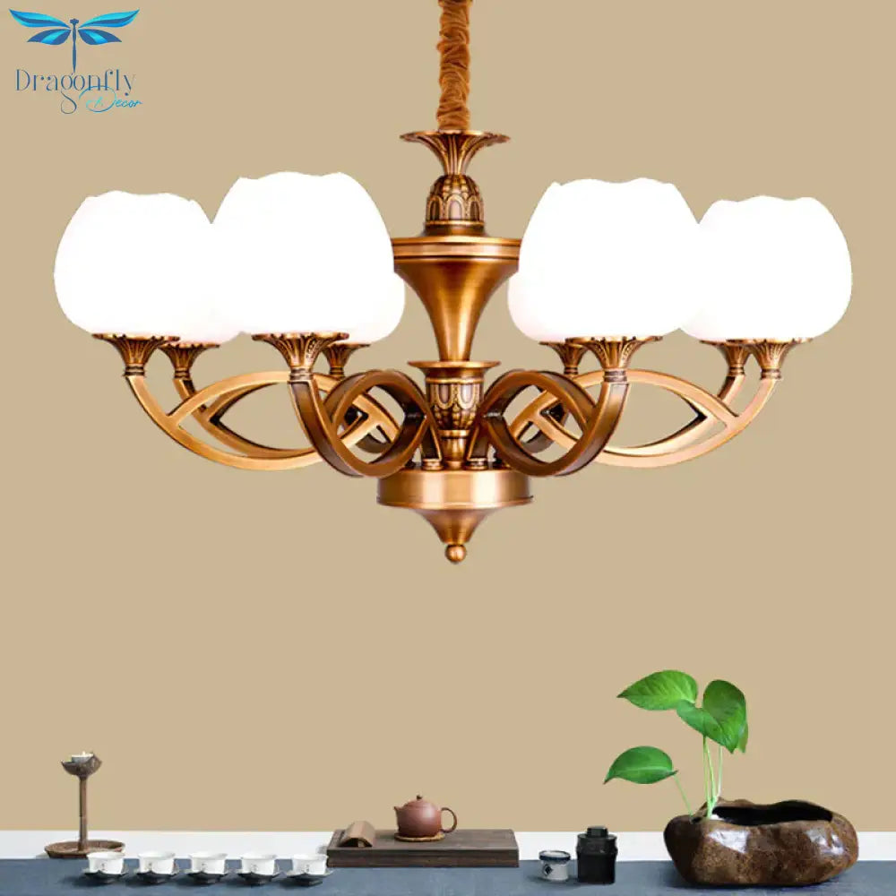 Flowerbud Living Room Ceiling Chandelier Traditional White Glass 3/6/8 Bulbs Brass Suspension Lamp