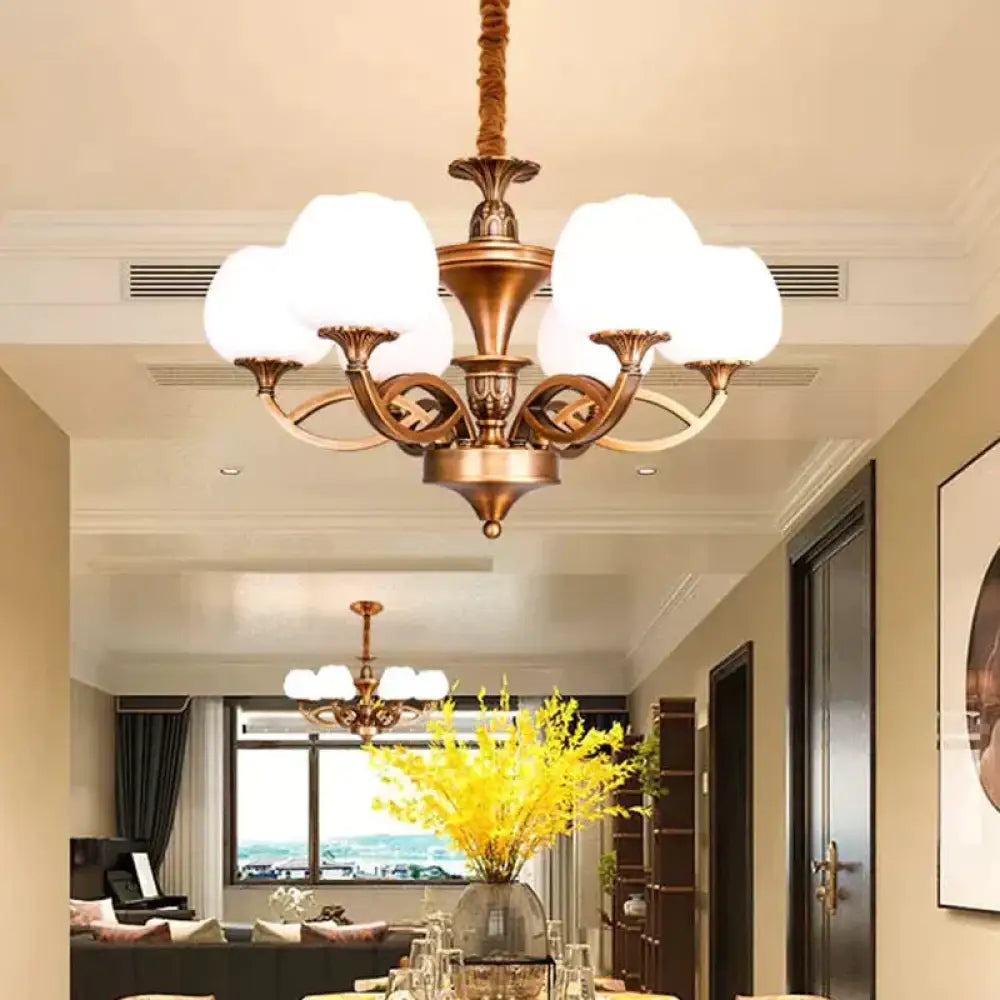 Flowerbud Living Room Ceiling Chandelier Traditional White Glass 3/6/8 Bulbs Brass Suspension Lamp