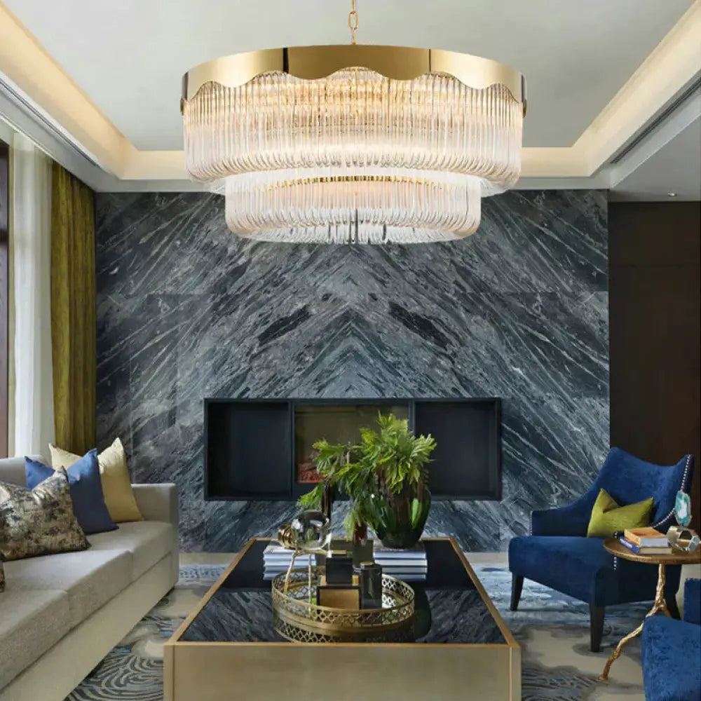Fluted Crystal 2 Layers Hanging Pendant Light Postmodern 8 Heads Living Room Chandelier Lighting In