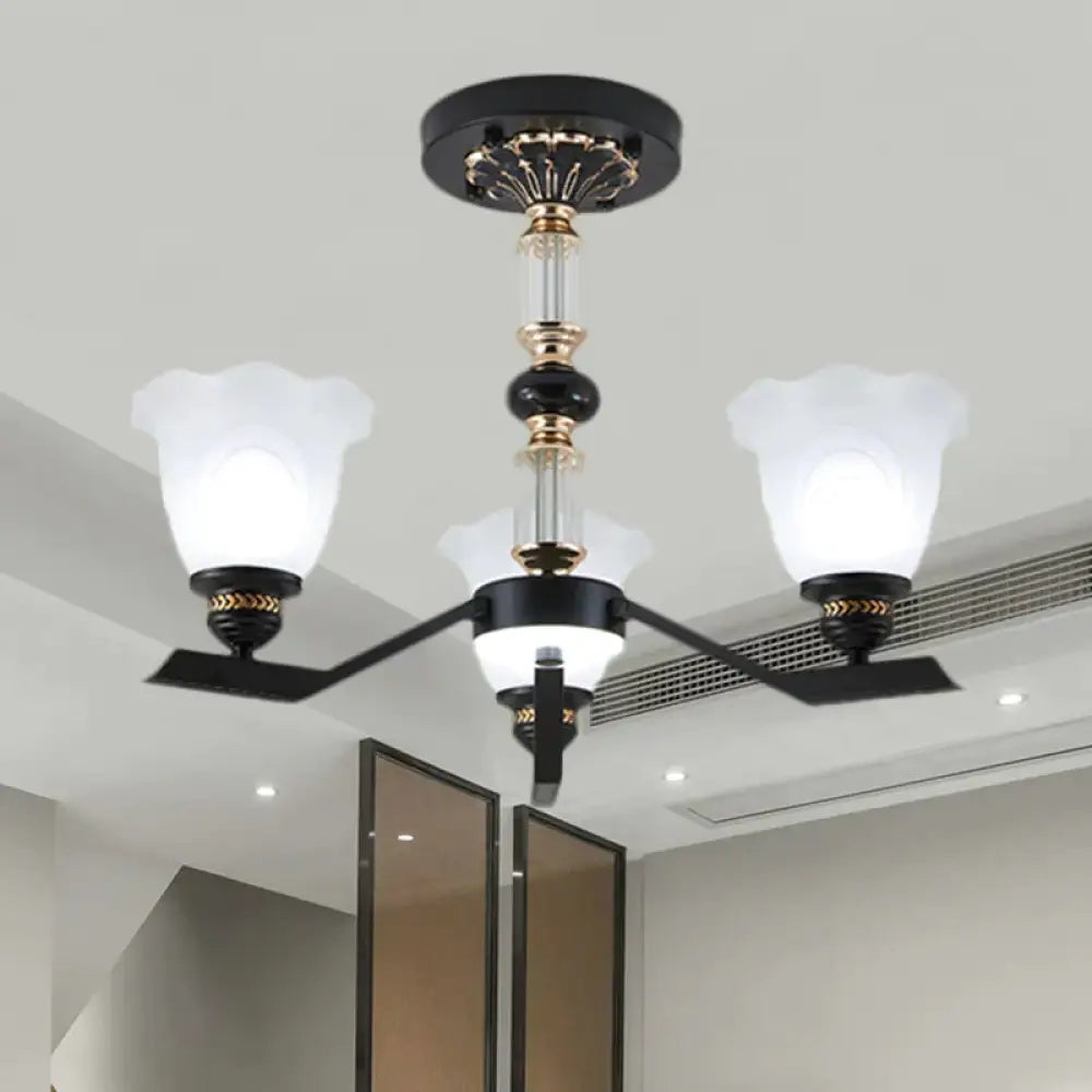 Frosted Glass Black Chandelier Lighting Floral Shade 3/6/8 - Head Rural Style Hanging Pendant Light