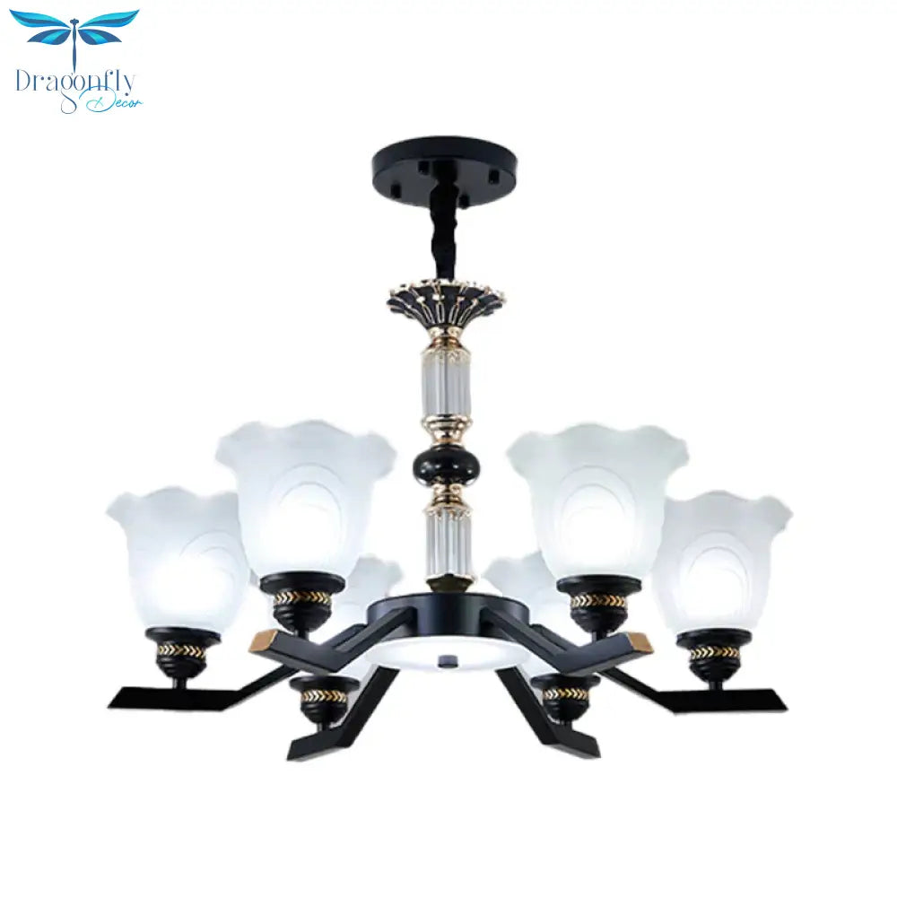 Frosted Glass Black Chandelier Lighting Floral Shade 3/6/8 - Head Rural Style Hanging Pendant Light