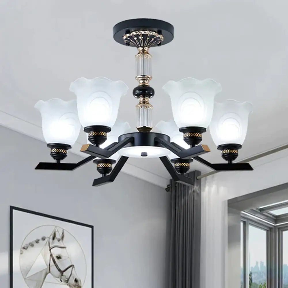Frosted Glass Black Chandelier Lighting Floral Shade 3/6/8 - Head Rural Style Hanging Pendant Light